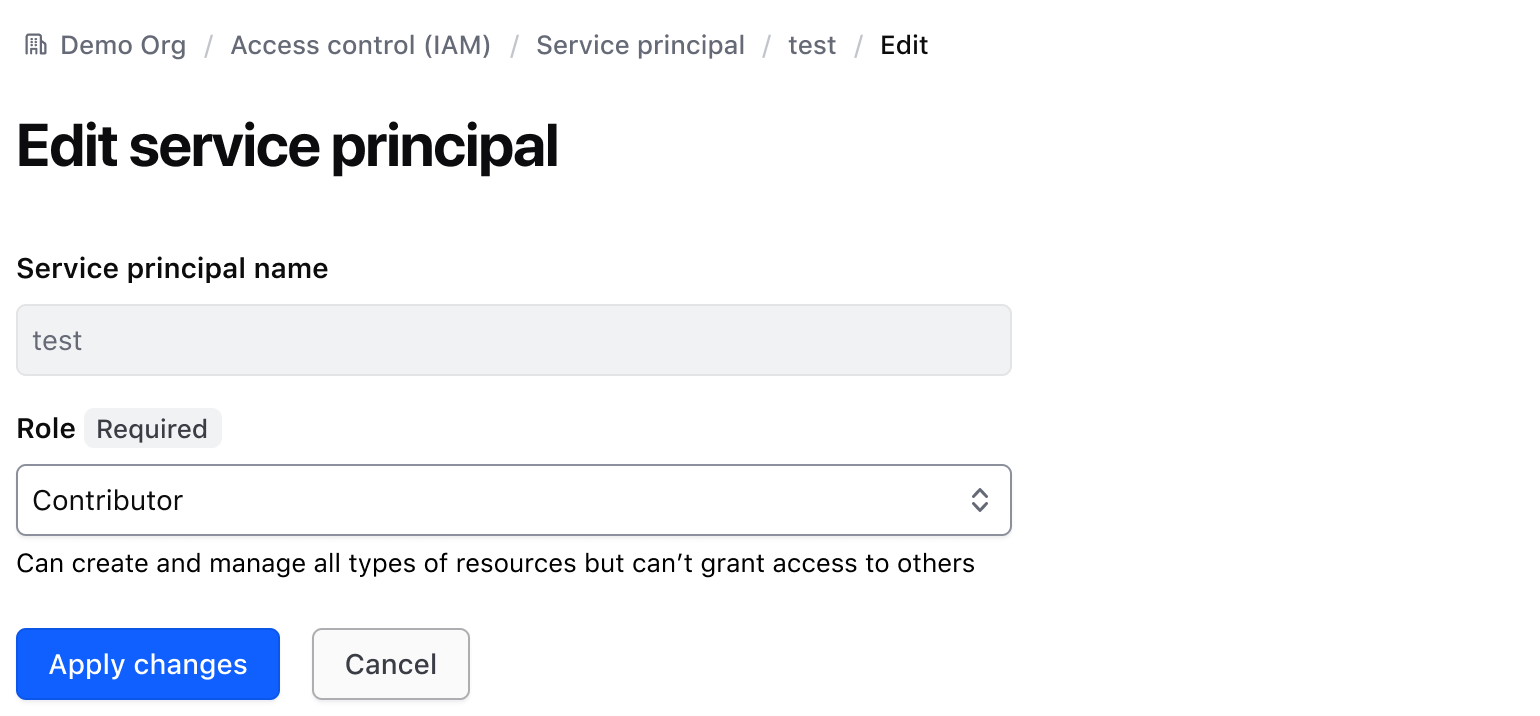 A form to edit a service principal. The title is "Edit service principal" and the save button is "Apply changes".